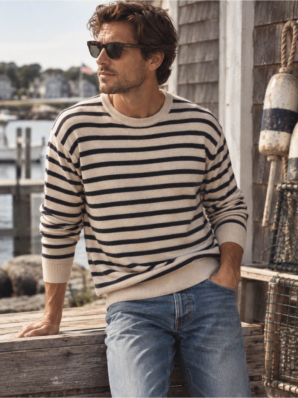 Crew 100% Cashmere Striped Crewneck Sweater Navy Cream Men’s Medium